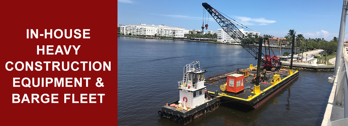 A crane on a barge and text "In-House Heavy Construction Equipment and Barge Fleet"