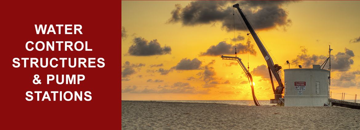 pump station on a beach at sunset and text "Water Control Structures and Pump Stations"