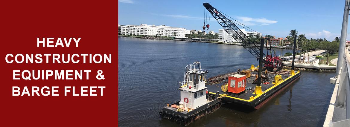 A crane on a barge and text "Heavy Construction Equipment and Barge Fleet"